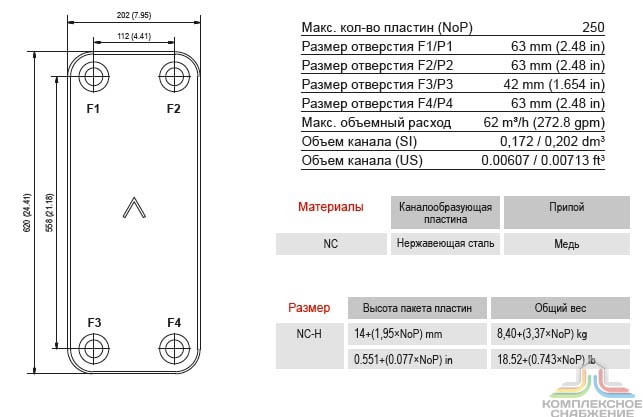 Габаритный чертёж и параметры паяного пластинчатого теплообменника SWEP P250AS